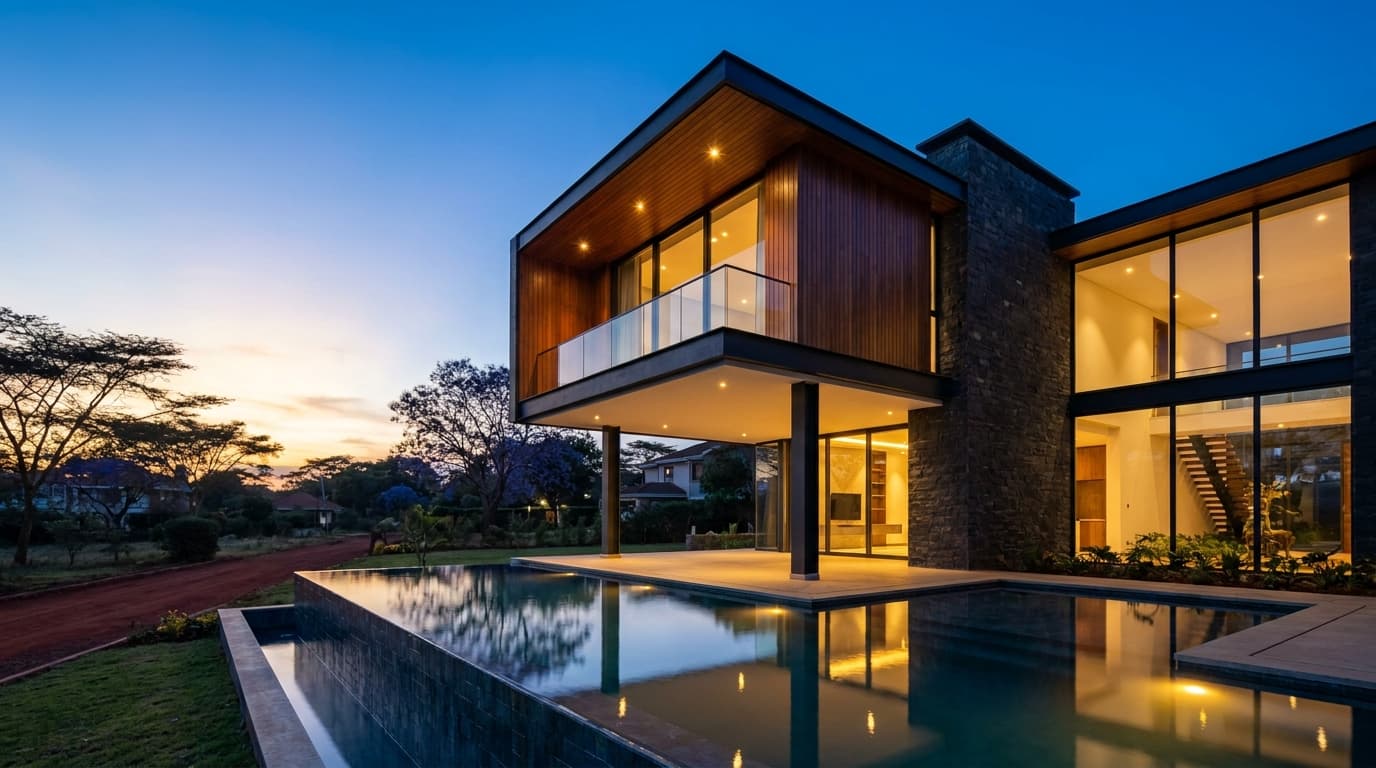 A contemporary Kenyan residence with clean geometric lines, glass walls and warm timber cladding at dusk