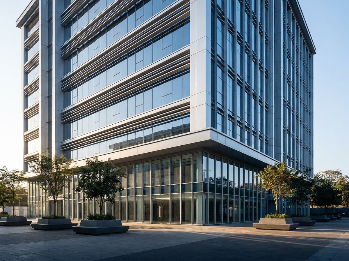 A modern mixed-use commercial building with a glass-and-aluminium curtain wall façade
